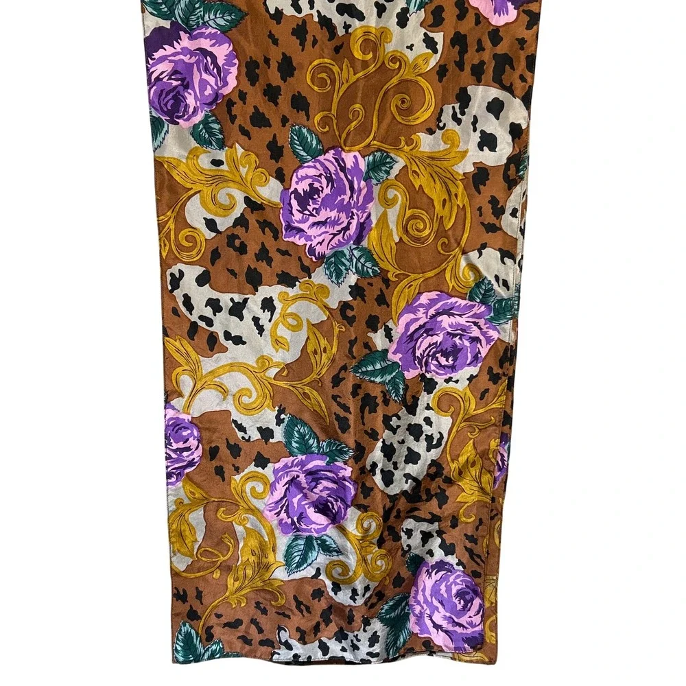 Capelli New York 100% Silk‎ Scarf Purple Roses Floral Animal Print Brown